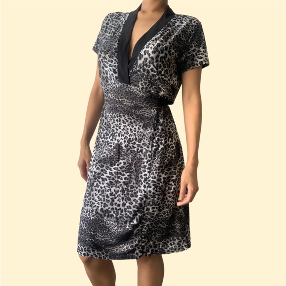 BCBGMAXAZRIA black, gray, and white leopard cheetah print Midi dress with Straps - Picture 8 of 9